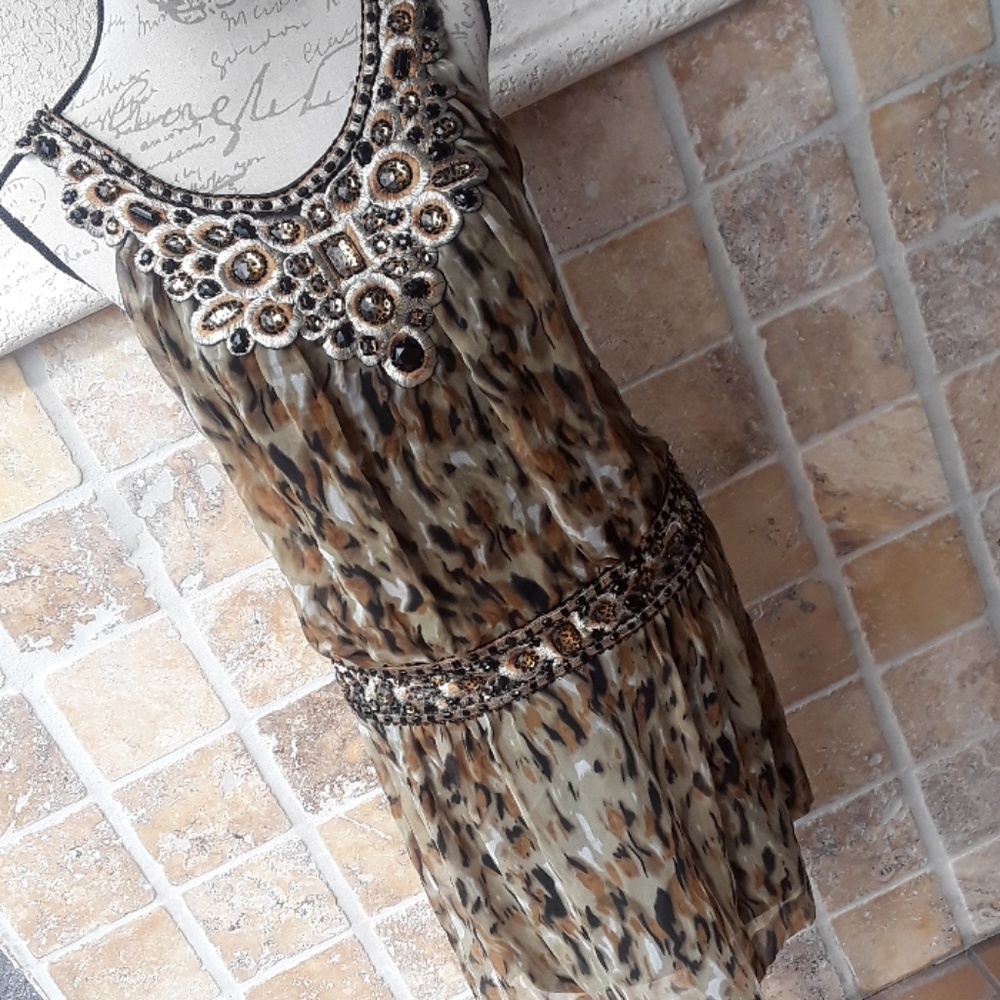 Sue Wong embellished animal print dress 100% silk